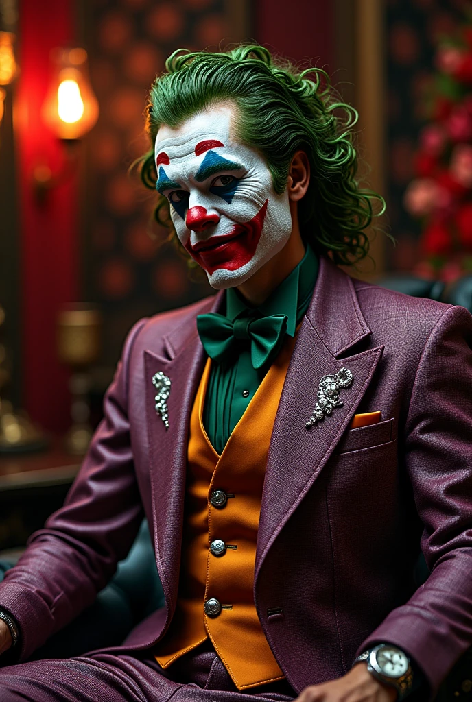joker , Seriously, chic, wearing suit, aristocratic, silver elements, coiffure, hair up, braid and loose, messy, haughty, absurdists, detailed suit, royaltly, celebration, salon decorated with black and red flowers, (best qualityer), (work of art), (highy detailed), (4K)