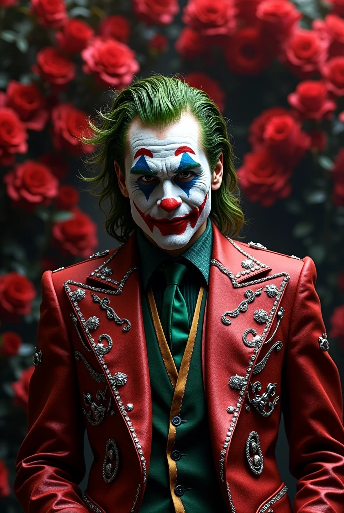 joker , Seriously, chic, wearing suit, aristocratic, silver elements, coiffure, hair up, braid and loose, messy, haughty, absurdists, detailed suit, royaltly, celebration, salon decorated with black and red flowers, (best qualityer), (work of art), (highy detailed), (4K)