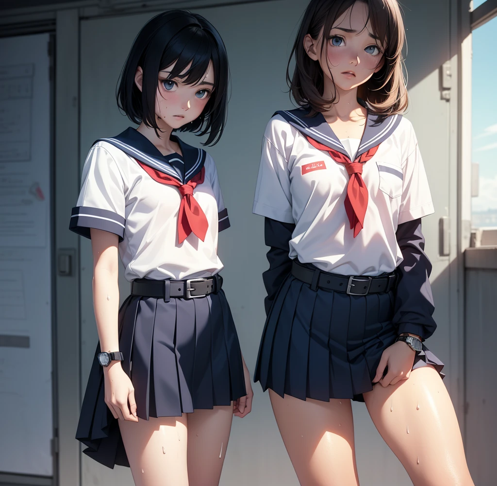 (Realistic:1.5), (masterpiece、Extremely detailed 8K CG、Sharp lines)、high school girl、Black-haired、(White panties:1.2)、thighs thighs thighs thighs、美しいアニメのhigh school girl、Smooth anime CG art、美しいアニメのhigh school girl、Beautiful Anime Girls, Beautiful 19 year old girl, Detailed skin,(Glowing Skin:2.1)、short hair、Beautiful black hair、blue eyes、(A lot of sweat:1.5), (distress:1.4), (Flat Chest:1.8),(Muscular legs:1.5), (Emaciated:1.7), (school uniform, Sailor suit, Dark blue pleated skirt:1.4), (No sleeve:1.2),(watch:1.5),(belt:1.5)(whole body:1.5), alone, one person&#39;s, (Kneel:1.5), (thigh:1.2), (from the front:1.2), (Sweat flows from the pubic bone:1.6), In the classroom, (Open your mouth:1.4), (Clear drool overflows from her mouth、Dripping from the chin:1.3), (Half closed eyes:1.3)