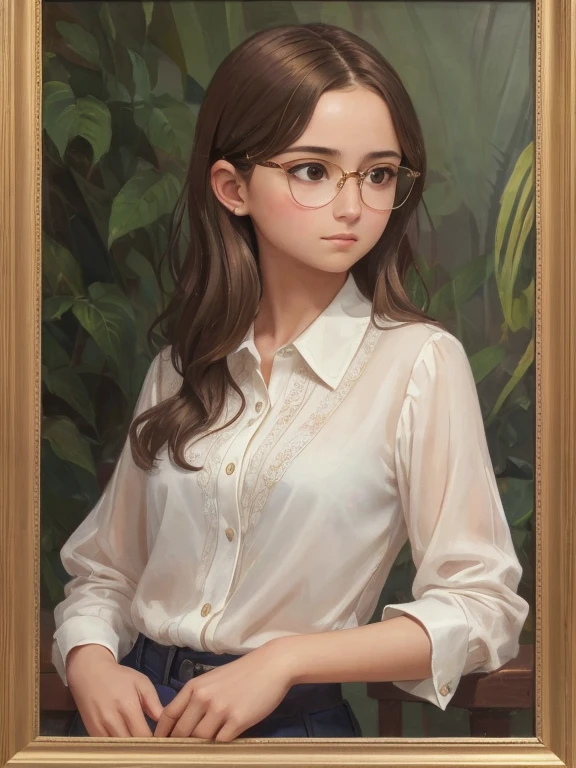 a 1girl, a beautiful teen-aged girl, extremely small breasts, short wavy brown hair, brown eye, eyeglasses, portraite, oil painted, contemporary, extra transparent silk blouse with unbuttoned top button, Realistic Proportion, Intricate, intricate detials, sharp-focus