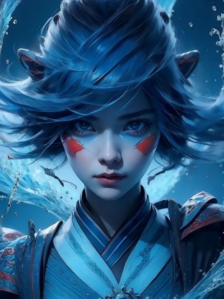 Korean girl pretty face, blue and red hair, blue and big eyes,