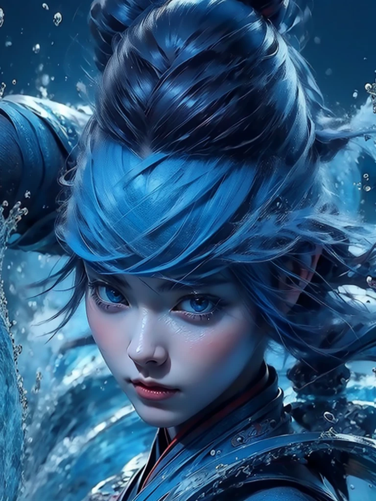 Korean girl pretty face, blue and red hair, blue and big eyes,