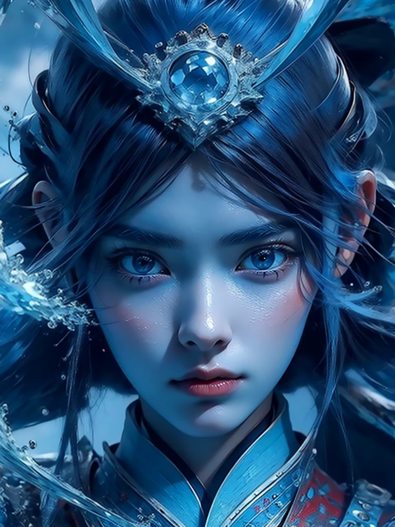 Korean girl pretty face, blue and red  hair, blue  and big eyes, 