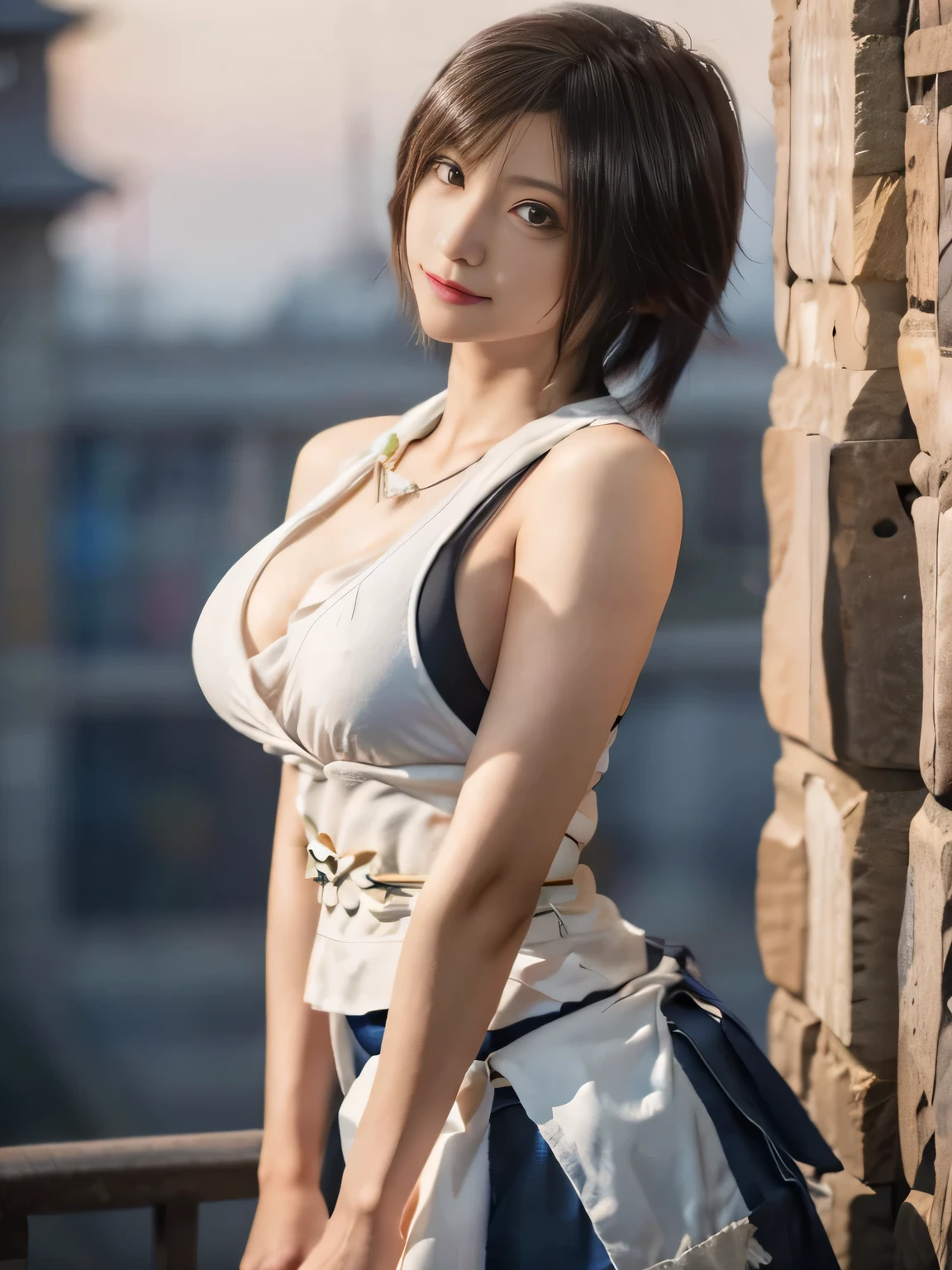 20 year old Japanese beauty,One person、Muscular body like a bodybuilder、Emphasize the breasts、Slit eyes、A head-to-toe view,Bust is very very large、The background is a medieval European kitchen、High quality photos、Clear, crisp images of the lower body、Masterpiece 8k、Smiling、Touching the crotch、From the front, from the side, from the back, etc.々from what camera angle to shoot、FF10 Yuna's outfit、