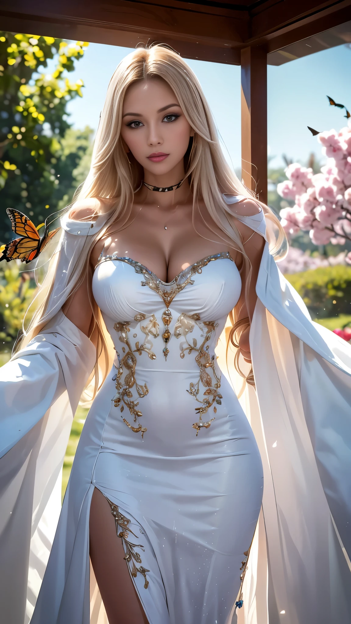 Mary R. Sweet girl clothes5,high-waist skirt,jewelry,thighhighs, White hair , (((White luminous dress , White giant dress , Dress glitter , dress ))) ,Beautiful dance dynamics , Long legs , small thighs((Huge long white hair,Glowing coat , Long flowing hair))offcial art , Unity8k wallpaper , Ultra detailed , Beautiful and beautiful , Masterpiece , Best quality ,Realistic((Huge long white hair,Glowing coat , ))Masterpiece , Best quality , Ultra-detailed , very detailed illustration ,Extremely detailed , Intricate details , .White luminous dress , White giant dress , Dress sequins , Dress made of aurora , ultra intricately detailed , Very detailed 8KCG wallpaper , Cowboy shot , Caustics .Reflection , Ray tracing , Demon Theme ,Starcloud ,Dark aura, cyber effect , (1girll:1.4)Solo , Little blue butterfly , Surrounded by dozens of monarch butterflies , Huge long white hair shiny quilt hair , (Blue plasma flame , (insect , Butterflies))Long blue crystal dress , There are butterflies on the huge skirt , .Holy Light Butterfly Angel , Butterfly wings , in the style of rococo pastel hues ,Light white and light dark red , unbelievable beautiful , Cherry blossoms , sparkling water reflections , Soyuz , Flowing , Surreal ,Painting , Ethereal , Elsa Bleda , stockphoto, Mixed reality and fantasy elements ,vray tracing , Intricate patterns , delicated lines , made of crystals , Refine your hands ,Refine your hands , Refine your hands, Starry , Colorful , stars , (sharp focus on face) , (foreshortening:1.1 Omitted_above:0.3 , fish eye:1.1)