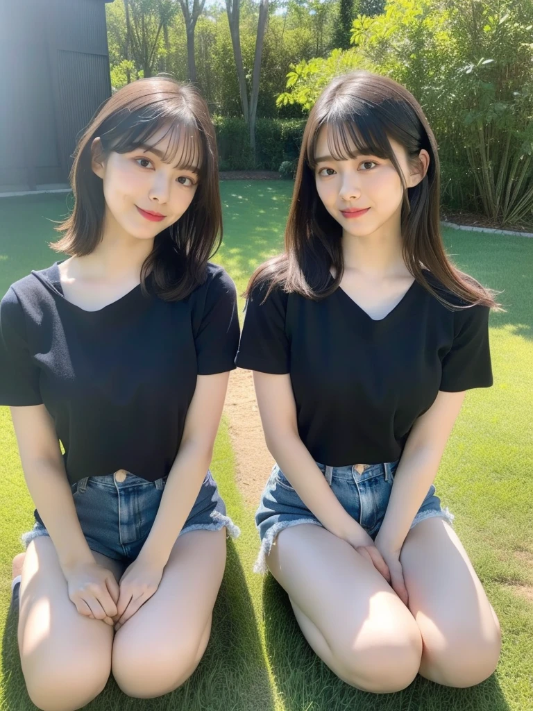 (top-quality、超A high resolution、8k、Raw photography、nffsw:1.2、​masterpiece:1.2)、(realisitic、Photorealsitic:1.37)、Ultra-detail、profetional lighting、photon maping、Radio City、physically-based renderingt、japanes、 2 people、solo、black hair short cut、cute little、nogizaka、Cute、Smile、Normal breasts、Looking at the camera、full-shot、Black tee shirt、Denim shorts、Crouched figure、Open your crotch、lawn、picnic
((head a shoulder photos))
((Identical twins,
similar identical twins
All the girls have the exact same face, The two have the same face and figure, as if they were mirror images))