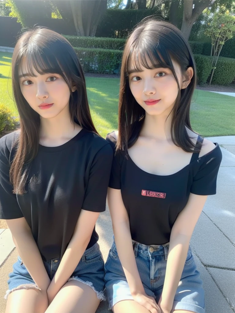 (top-quality、超A high resolution、8k、Raw photography、nffsw:1.2、masterpiece:1.2)、(realisitic、Photorealsitic:1.37)、Ultra-detail、profetional lighting、photon maping、Radio City、physically-based renderingt、japanes、 2 people、solo、black hair short cut、cute little、nogizaka、Cute、Smile、Normal breasts、Looking at the camera、full-shot、Black tee shirt、Denim shorts、Crouched figure、Open your crotch、lawn、picnic
((head a shoulder photos))
((Identical twins,
similar identical twins
All the girls have the exact same face, The two have the same face and figure, as if they were mirror images))