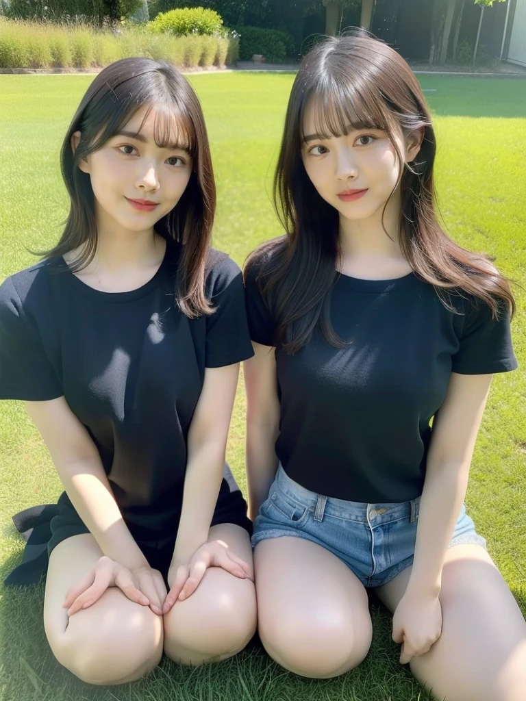(top-quality、超A high resolution、8k、Raw photography、nffsw:1.2、​masterpiece:1.2)、(realisitic、Photorealsitic:1.37)、Ultra-detail、profetional lighting、photon maping、Radio City、physically-based renderingt、japanes、 2 people、solo、black hair short cut、cute little、nogizaka、Cute、Smile、Normal breasts、Looking at the camera、full-shot、Black tee shirt、Denim shorts、Crouched figure、Open your crotch、lawn、picnic
((head a shoulder photos))
((Identical twins,
similar identical twins
All the girls have the exact same face, The two have the same face and figure, as if they were mirror images))