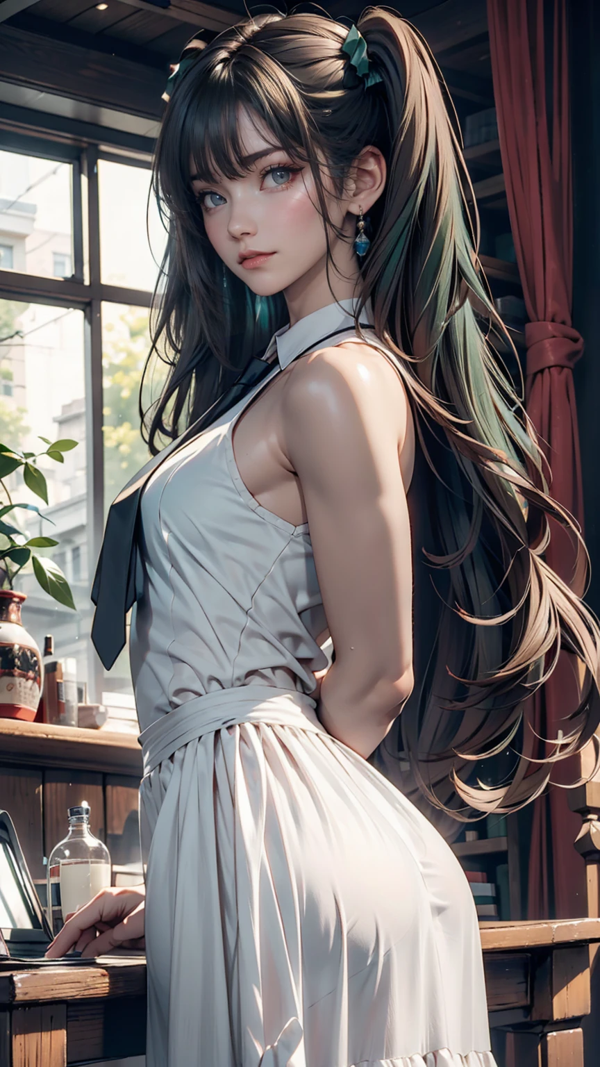 Innocence, Dark green hair, Twin tails, Put your arms behind your back, White Dress, Black waist tie, ,blue eyes,
