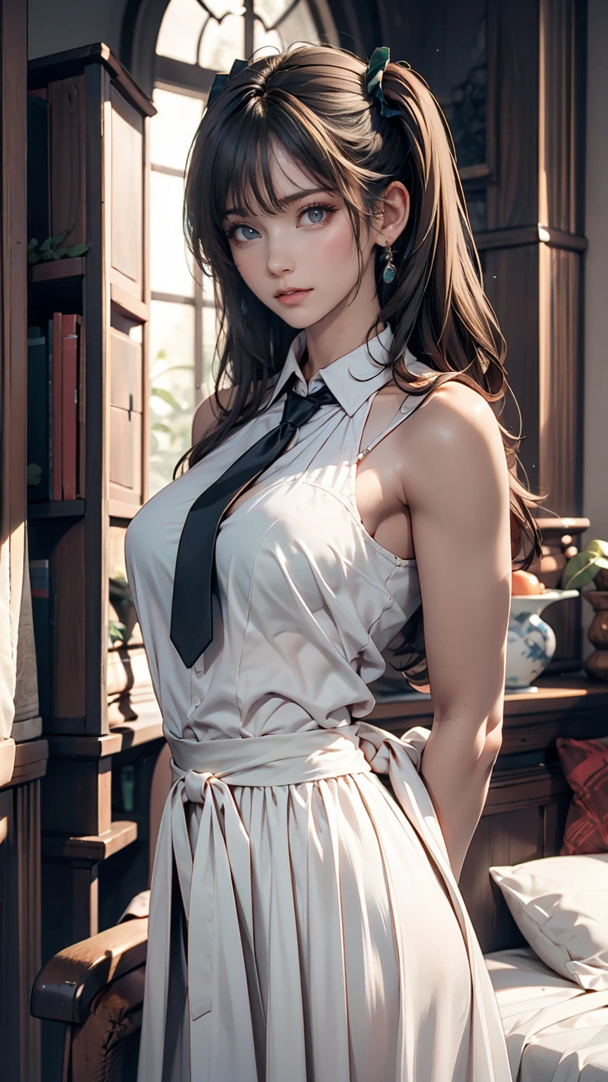 Innocence, Dark green hair, Twin tails, Put your arms behind your back, White Dress, Black waist tie, ,blue eyes,