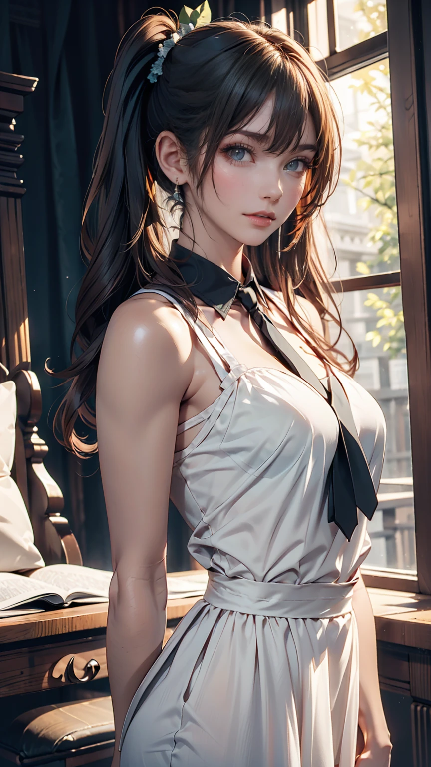 Innocence, Dark green hair, Twin tails, Put your arms behind your back, White Dress, Black waist tie, ,blue eyes,