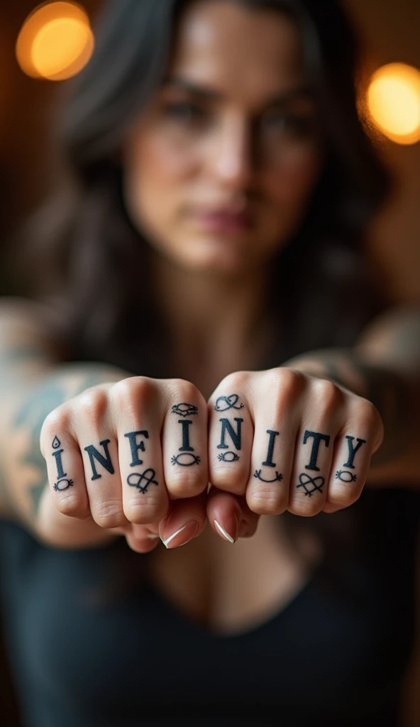 close up of tattooed hands of a woman, showing both knuckles to the viewer, each finger a letter tattoo spells "infinity"