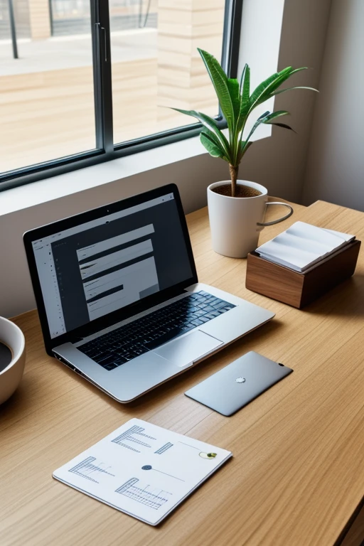 An elegant close-up view and modern workspace with a sleek laptop open, displaying a sophisticated AI-powered form builder interface on the screen. The interface features clean, intuitive design elements, with form fields, drag-and-drop components, and AI suggestions highlighted. Around the laptop, there are subtle tech elements like a smartphone showing notifications, a cup of coffee, and minimalistic office supplies on a wooden desk. The background includes soft natural lighting through a window, casting gentle shadows, giving the scene a professional and inviting atmosphere. The design should convey innovation, simplicity, and productivity