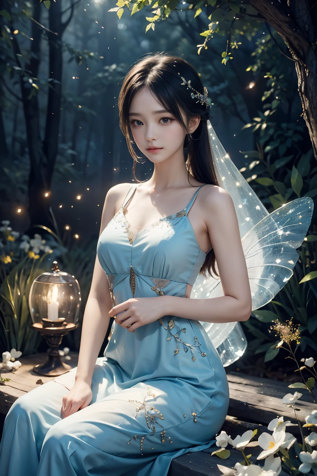 Beautiful fairy, surrounded by fireflies, ethereal and dreamy atmosphere
