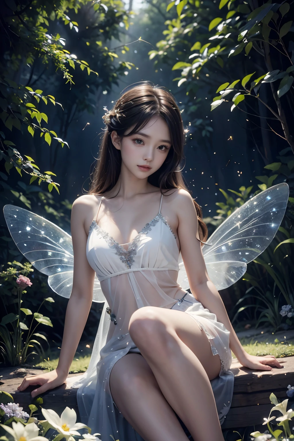 Beautiful fairy, surrounded by fireflies, ethereal and dreamy atmosphere
