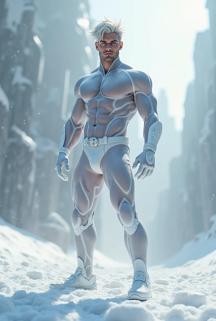 Full body photorealistic handsome hunky masculine Legion white messy haired fractal white skinned Jack Frost,,unreal engine, extremely attractive male wearing white scales transparent mesh latex spandex,, with belt and gloves,, extremely masculine physique, intricately detailed, super bulge, realistic skin, short tousled hair, futuristic snowy city as background