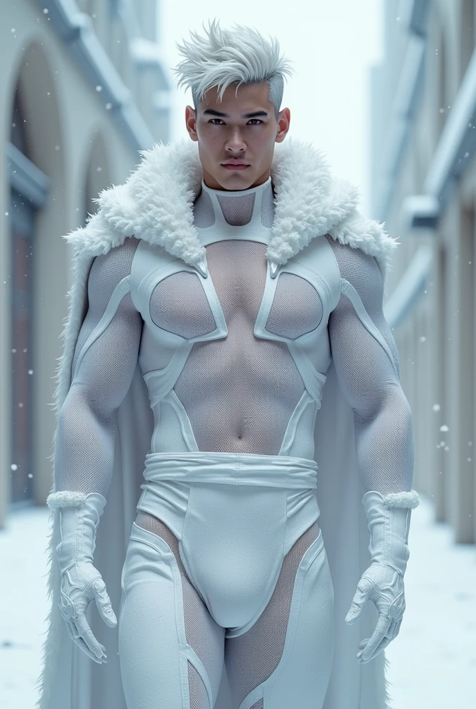 Full body photorealistic handsome hunky masculine Legion white messy haired fractal white skinned Jack Frost,,unreal engine, extremely attractive male wearing white scales transparent mesh latex spandex,, with belt and gloves,, extremely masculine physique, intricately detailed, super bulge, realistic skin, short tousled hair, futuristic snowy city as background