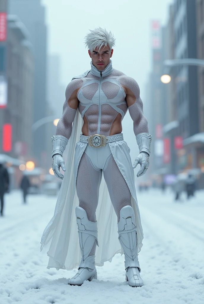  Full body photorealistic handsome hunky masculine Legion white messy haired fractal white skinned Jack Frost,,unreal engine, extremely attractive male wearing white scales transparent mesh latex spandex,, with belt and gloves,, extremely masculine physique, intricately detailed, super bulge, realistic skin, short tousled hair, futuristic snowy city as background