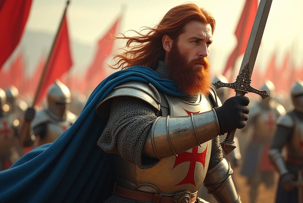 side view, charge , many knight, 12th century, One of the Knights of Order of the Hospital of St. John, (French man, 20 age-old, red hair, long hair, beard, mustache, serious),Cover the whole body in armor, He has a double-edged sword in both hands, (one Crusader sword), The handle is cross-shaped, It is decorated, ((He wears a blue cloak with (a blue Malta cross on his chest)), Accurate, ((Anatomically correct,Surrealism, UHD, retina, accurate, anatomically correct, textured skin, super detail, high details, best quality, 8K))