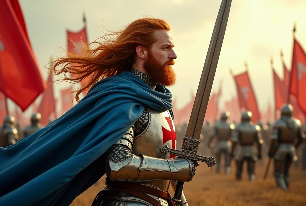 side view, charge , many knight, 12th century, One of the Knights of Order of the Hospital of St. John, (French man, 20 age-old, red hair, long hair, beard, mustache, serious),Cover the whole body in armor, He has a double-edged sword in both hands, (one Crusader sword), The handle is cross-shaped, It is decorated, ((He wears a blue cloak with (a blue Malta cross on his chest)), Accurate, ((Anatomically correct,Surrealism, UHD, retina, accurate, anatomically correct, textured skin, super detail, high details, best quality, 8K))