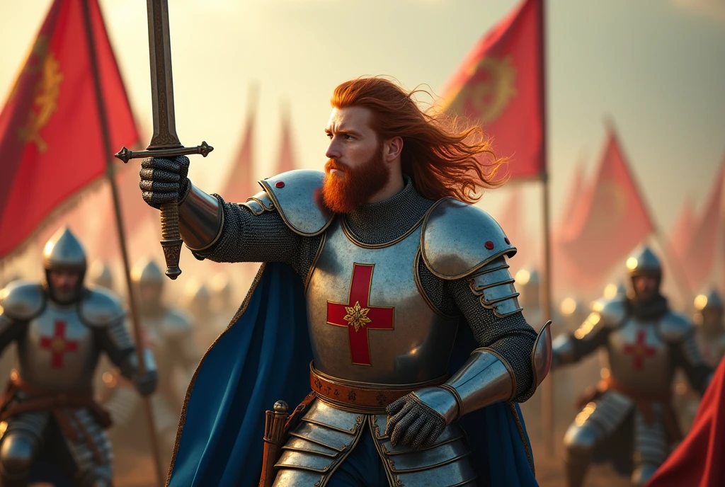 side view, charge , many knight, 12th century, One of the Knights of Order of the Hospital of St. John, (French man, 20 age-old, red hair, long hair, beard, mustache, serious),Cover the whole body in armor, He has a double-edged sword in both hands, (one Crusader sword), The handle is cross-shaped, It is decorated, ((He wears a blue cloak with (a blue Malta cross on his chest)), Accurate, ((Anatomically correct,Surrealism, UHD, retina, accurate, anatomically correct, textured skin, super detail, high details, best quality, 8K))
