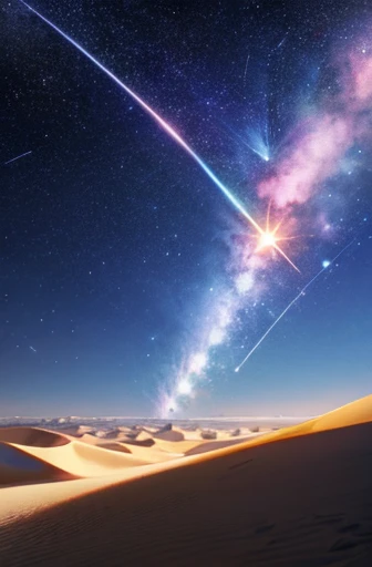 Capture the moment when a shooting star falls in the starry sky that spreads over the vast desert