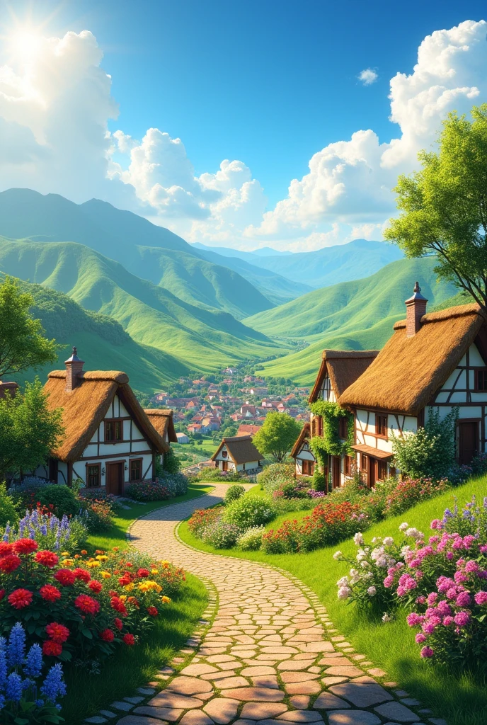 3d cinematic cartoon 16:9 full village upper view A picturesque village nestled in lush green hills, with traditional houses, winding paths, and vibrant greenery. The sky is bright and clear, with a few fluffy clouds, capturing a peaceful and joyful atmosphere.