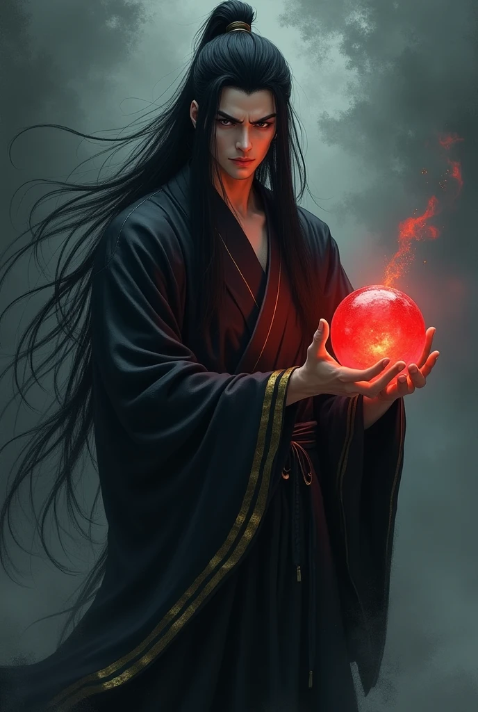 masterpiece, best quality, 4k, UHD, bishoujo, painting, striking gaze and intricately detailed face, illustration, stunningly detailed, high resolution illustration, single radiant red energy ball, 1 tall man, long black hair flowing elegantly, styled in a Chinese anime protagonist fashion, expressive dark eyes, traditional black kimono with golden stripes, expressionless yet commanding, dark, atmospheric background reminiscent of Dark Souls, shadowy landscapes with creeping mist, softly glowing red energy ball cradled in one hand, poised with an air of confidence, mystical energy, (Impressionism:1.4)