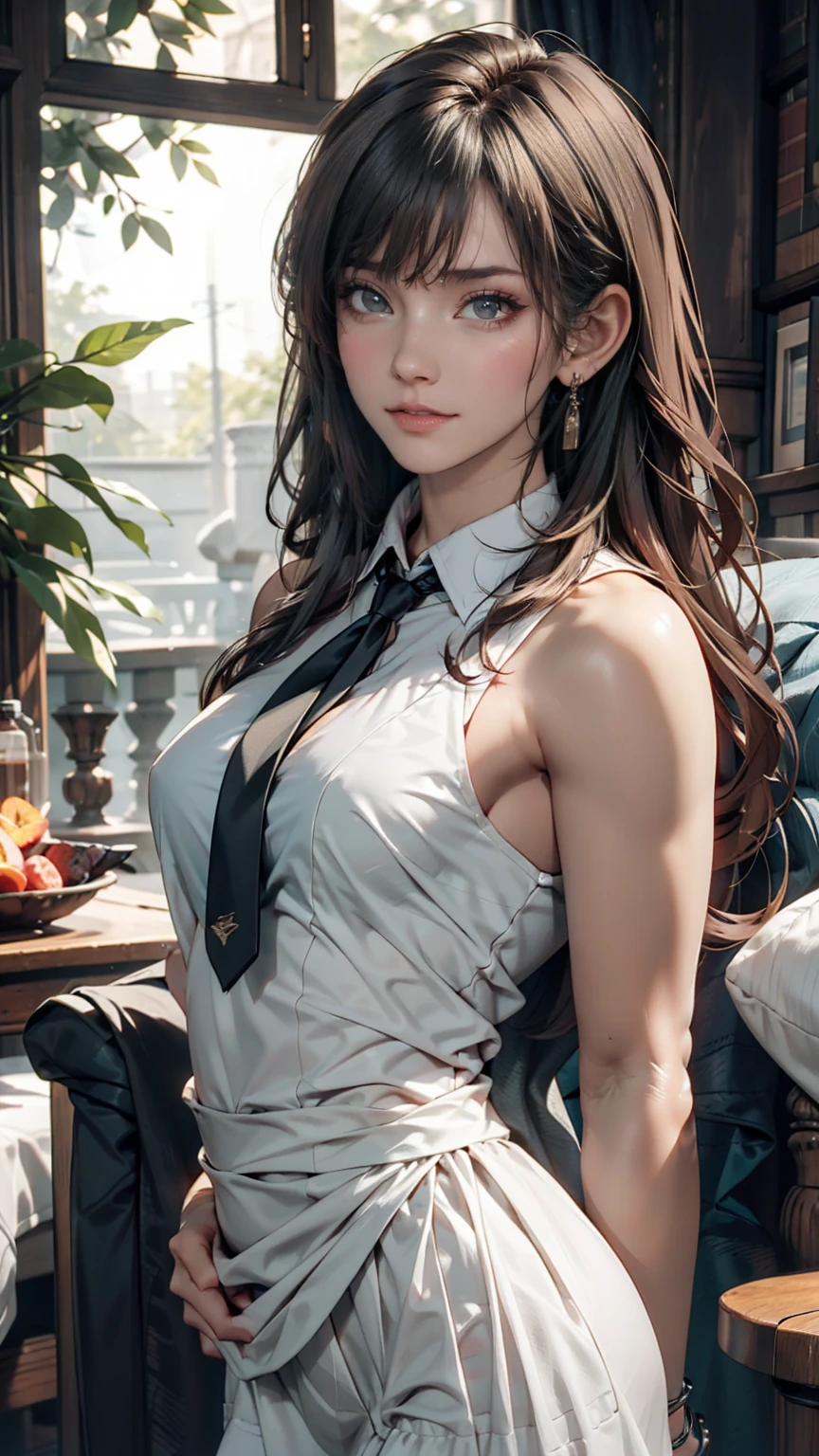Innocence, Dark green hair, Twin tails, Put your arms behind your back, White Dress, Black waist tie, ,blue eyes,