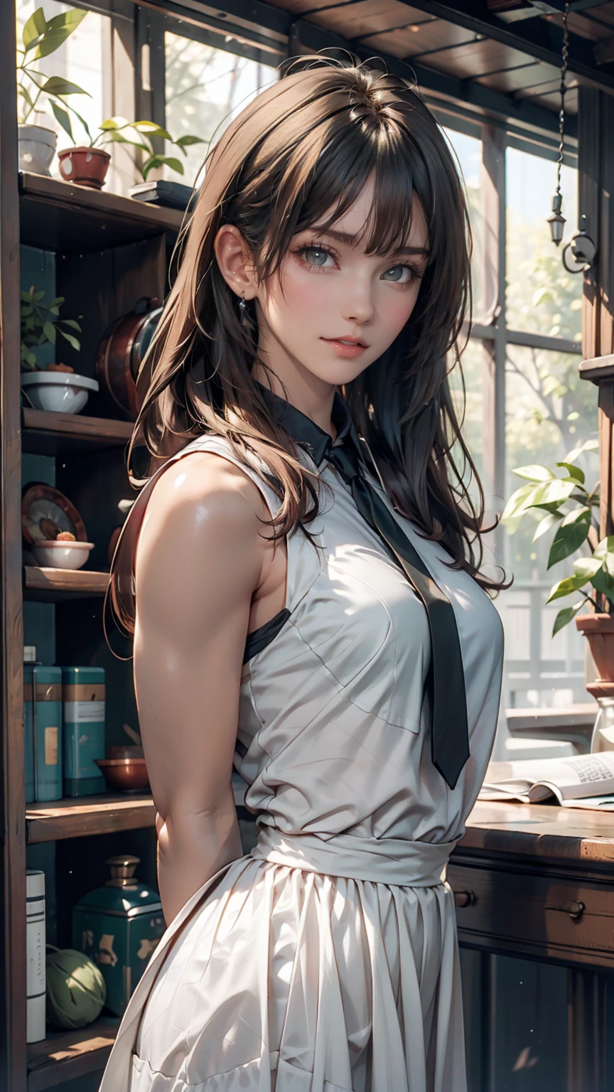 Innocence, Dark green hair, Twin tails, Put your arms behind your back, White Dress, Black waist tie, ,blue eyes,