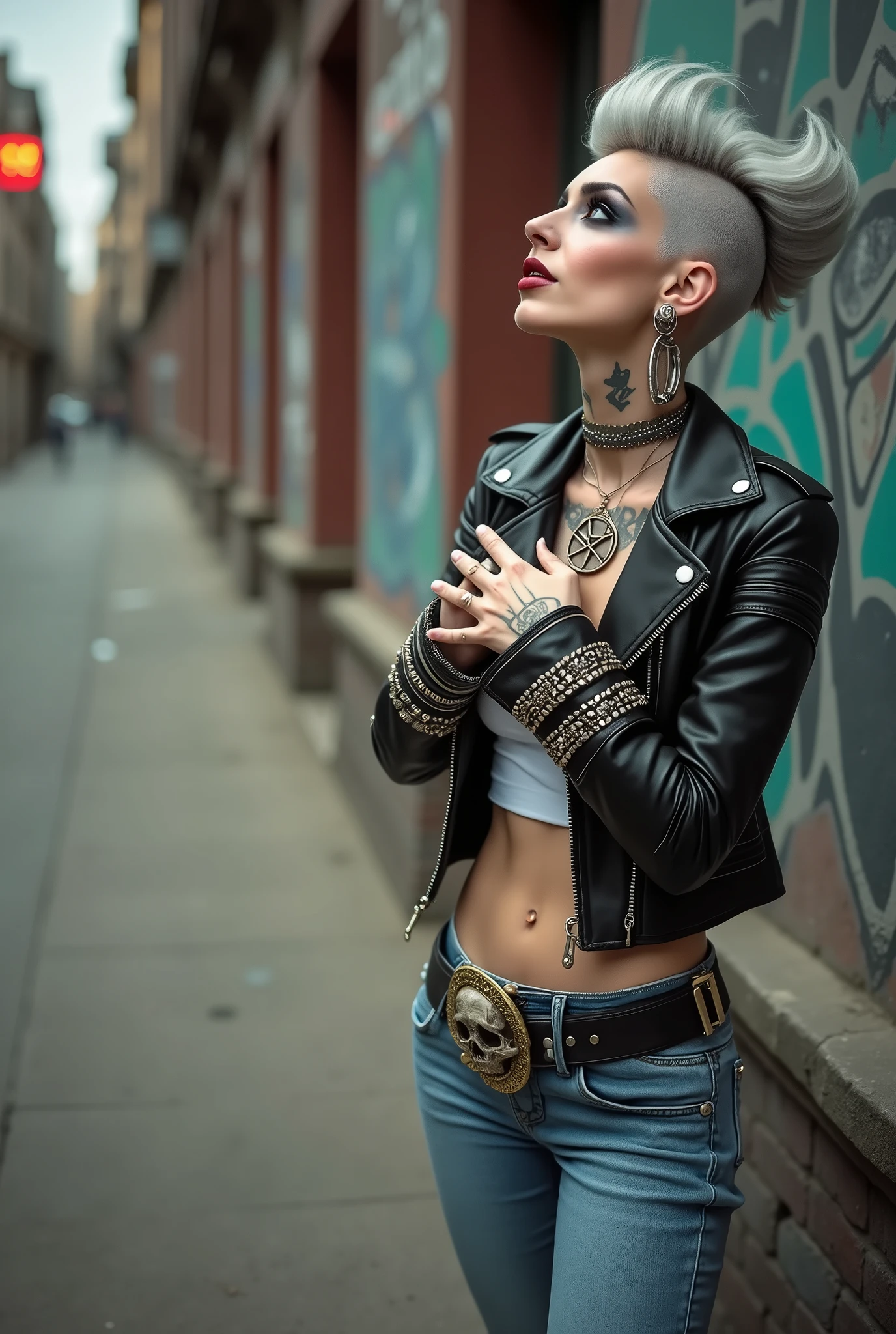 russian old milf woman, biker gang member, long grey hair ( puffy pompadour with shaved sides, longer in the back of the head), with very light blue eyes, extremely pale, heavy eye shadows. Thin. Sad, humbled face, smeared excessive make up and smeared excessive dark red lipstick Wearing black moto jacket, black cropped tank top with pentacle logo, skinny blue jeans and white tennis sneakers. Lots of metallic bracelets. Tacky wide belt with massive skull and bones buckle . Both hands cover her chest. Demonic tattoos. Lots of rings. Wide loop earrings. Looks up with amazement because she thinks God is talking to her, mouth and eyes open.