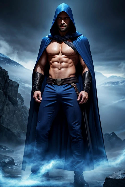 Illustration a a very handsome and man, he is a wizard, he has deep blue eyes, nice abs, he wears an opened dark blue cloak with a large hood over his shirtless chest, magic swirls, white fog
