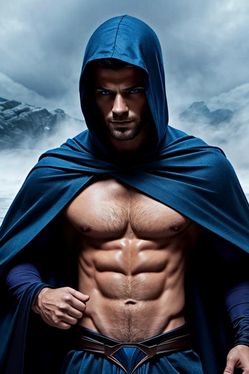 Illustration a a very handsome and man, he is a wizard, he has deep blue eyes, nice abs, he wears an opened dark blue cloak with a large hood over his shirtless chest, magic swirls, white fog