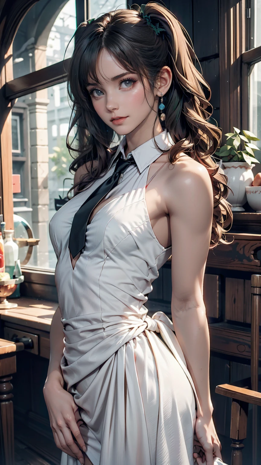 Innocence, Dark green hair, Twin tails, Put your arms behind your back, White Dress, Black waist tie, ,blue eyes,