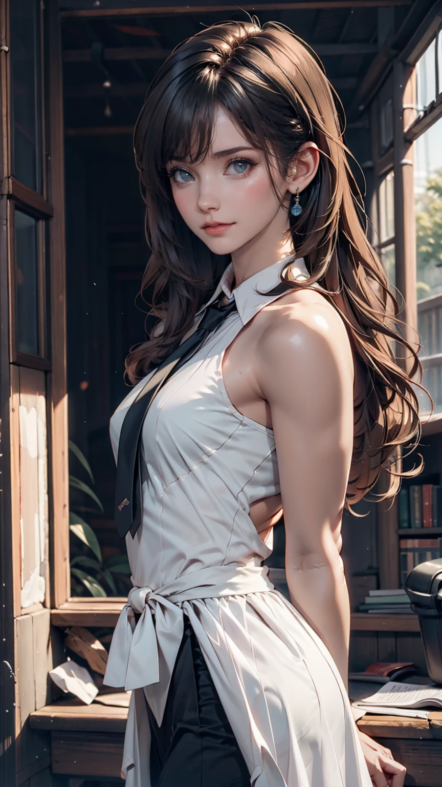 Innocence, Dark green hair, Twin tails, Put your arms behind your back, White Dress, Black waist tie, ,blue eyes,