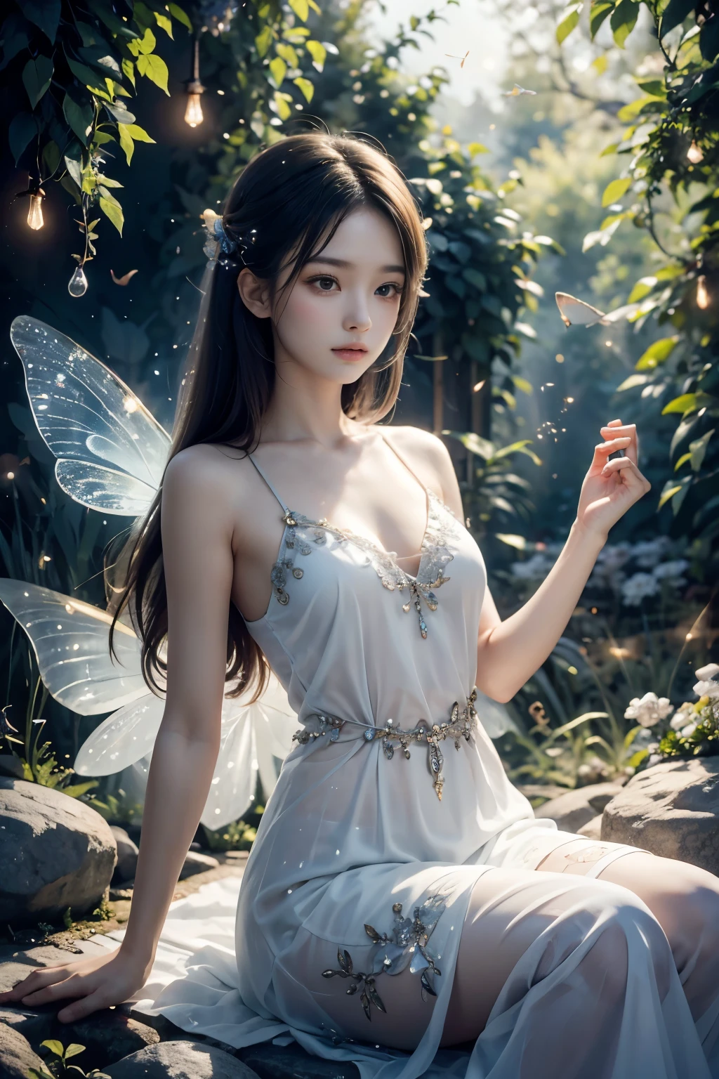 Beautiful fairy, surrounded by fireflies, ethereal and dreamy atmosphere
