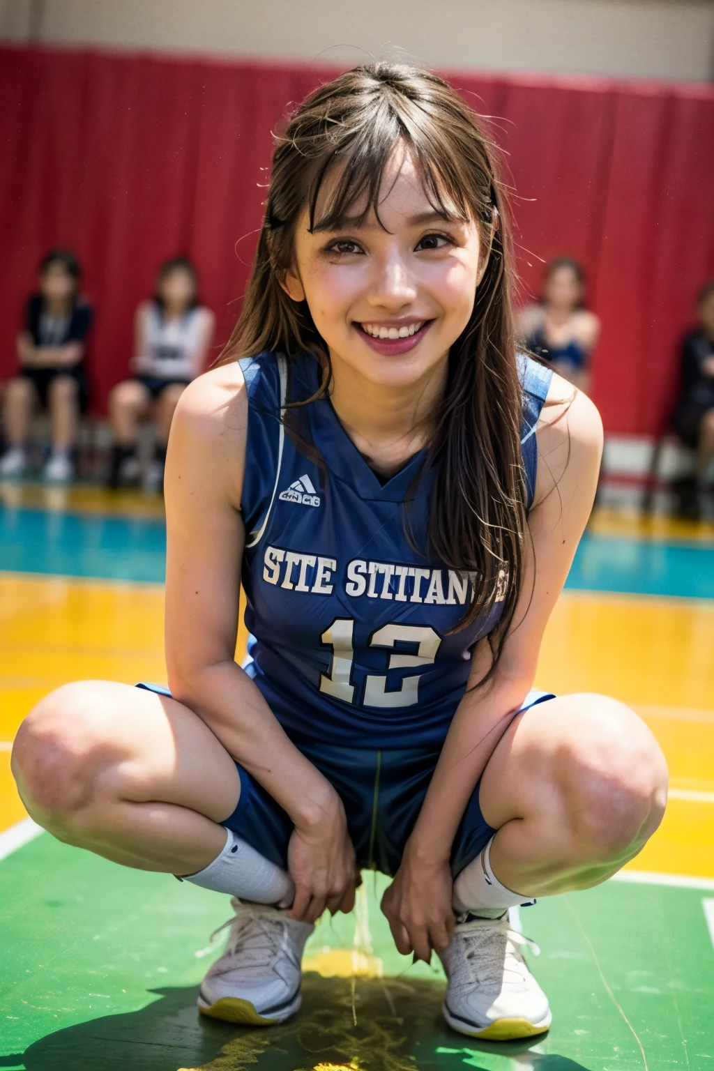 (realistic, photo-realistic:1.4), (masterpiece,best quality:1.2), RAW photo, high resolution, intricate details extremely detailed, realistic and sharp details, solo, 1girl, a 24 years old woman, seductive pose, (basketball player), (sleeveless basketball uniform:1.4), shoes, dark hair, (detailed face, beautiful detailed eyes, sophisticated nose), pale skin, sweaty, shiny skin, cheerful grin, (squatting with spread legs apart:1.5), (peeing self, pee stain, urinate a lot, urination:1.5), (pee puddle), photo background, indoors, gymnasium,,,[Miho Watanabe,Hinatazaka46]