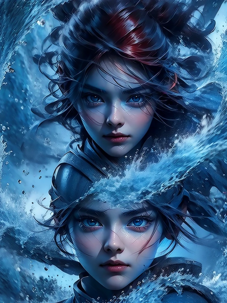 Korean girl pretty face, red hair, blue and big eyes,