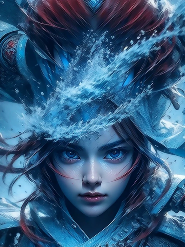 Korean girl pretty face, red hair, blue and big eyes,