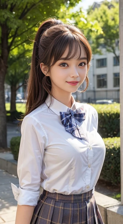 8k, Tabletop, RAW Photos, Highest quality, Realistic, 非常To精細なCG Unity 8k壁紙, Depth of written boundary, Cinematic Light, Lens flare, Ray Tracing, (非常To美しい顔, Beautiful Lips, Beautiful Eyes), Exquisitely detailed face, ((非常To詳細な肌)) One Girl, In the Dark, Deep Shadow, Cute Korean, ((View your viewers)), (誘惑的なsmile), (Blurred Background), Earrings, bracelet, To, Clear Eyes, A walk in the park, Front shot, Look forward, (Big eyes), ((Schoolgirl uniform:1.5)), (White shirt、A bow tie、Checkered Pleated Skirt:1.3)、(Camel Toe, shape), (Brown Hair:1.3), (ponytail), (G size bust:1.3), ((smile)), ((Camel Toe)),