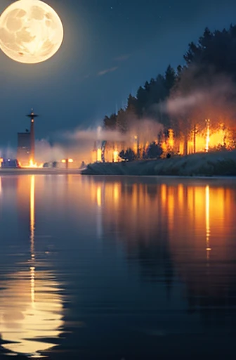 It depicts the full moon reflected on the surface of a calm lake, with a thin layer of mist surrounding it.