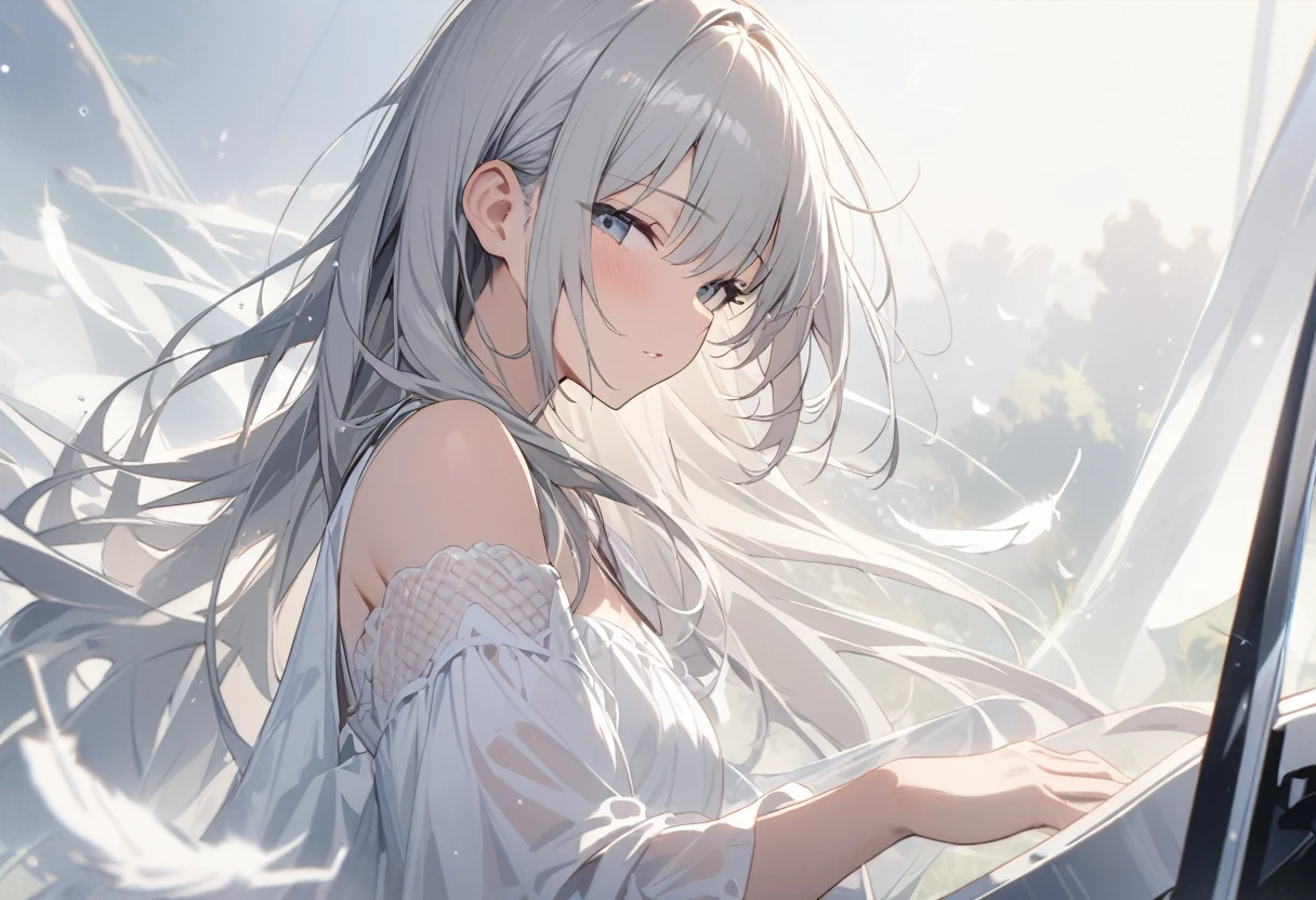 A girl playing a white translucent grand piano、Gray Hair、close your eyes、White Dress、A refreshing grassland、White feathers are scattering、Masterpiece、Medium Shot、looking at viewer
