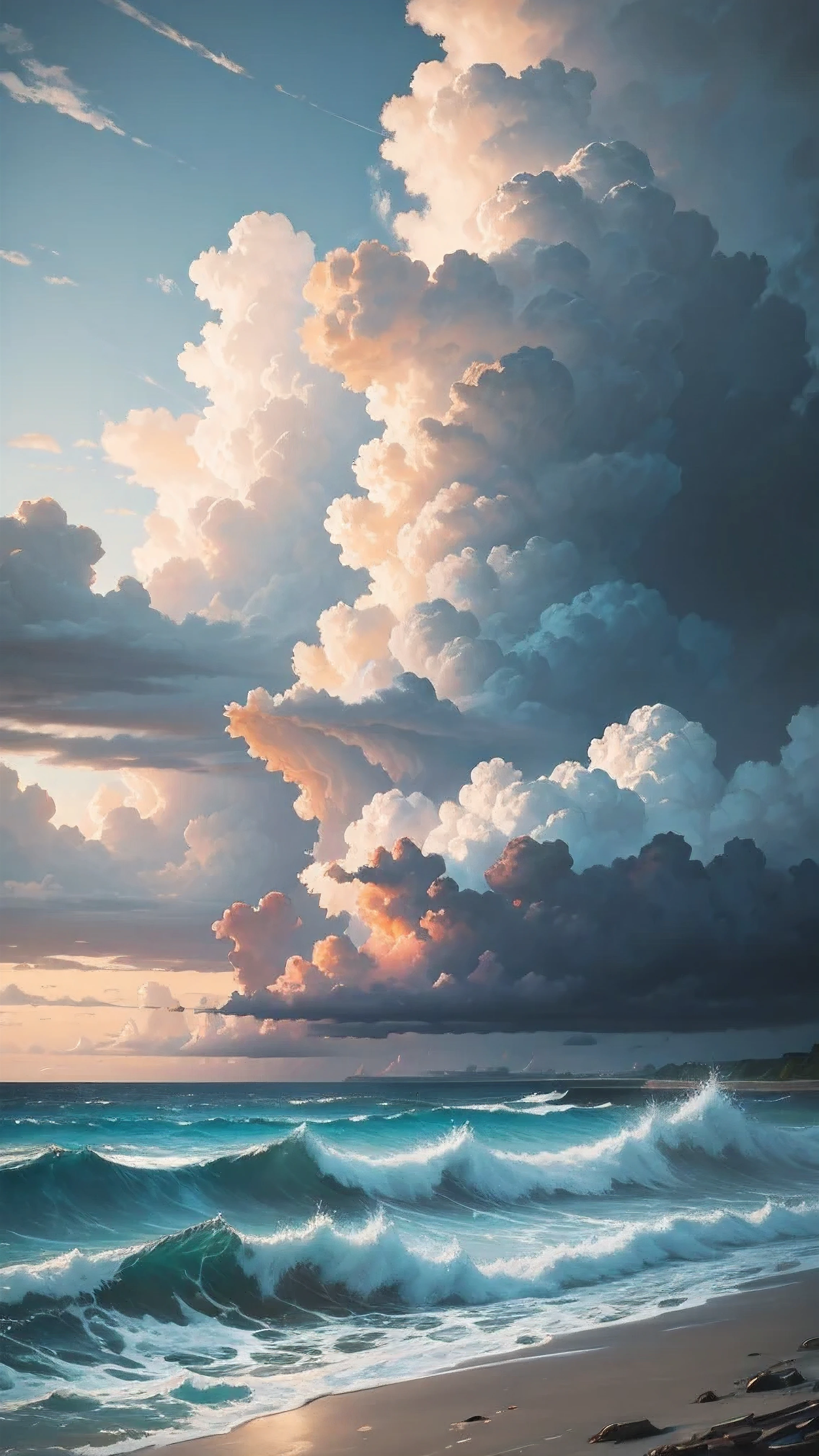 Masterpiece oil painting style of beach scenery,sea view, stormy weather