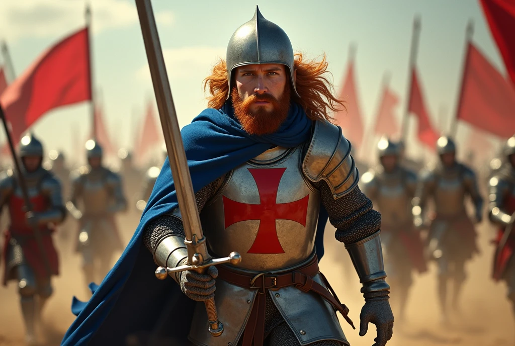 side view, charge ,  many knight, 12th century, One of the  Knights of Order of the Hospital of St. John, (French man, 20 age-old, red  hair, long hair, beard, mustache, serious),Cover the whole body in armor, He has a double-edged sword in both hands, (one Crusader sword), The handle is cross-shaped, It is decorated, ((He wears a blue cloak with (a blue Malta  cross on his chest:1.5)),  Accurate,  ((Anatomically correct,Surrealism, UHD, retina, accurate, anatomically correct, textured skin, super detail, high details, best quality, 8K))