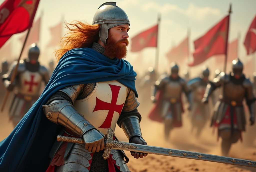 side view, charge ,  many knight, 12th century, One of the  Knights of Order of the Hospital of St. John, (French man, 20 age-old, red  hair, long hair, beard, mustache, serious),Cover the whole body in armor, He has a double-edged sword in both hands, (one Crusader sword), The handle is cross-shaped, It is decorated, ((He wears a blue cloak with (a blue Malta  cross on his chest:1.5)),  Accurate,  ((Anatomically correct,Surrealism, UHD, retina, accurate, anatomically correct, textured skin, super detail, high details, best quality, 8K))