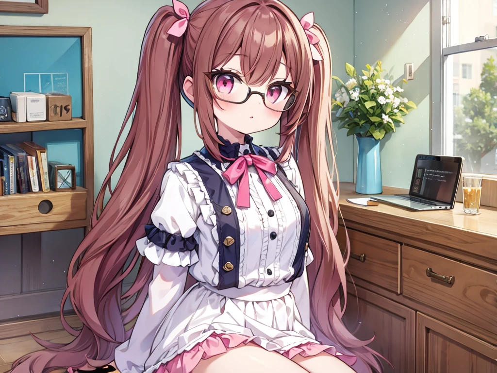 1girl, solo, wearing glasses, sitting, in colorful bedroom, cowboy shot, cute frilled crothes, white skirt, thighs, legs up, parted lips,
(cute girl, pink eyes, cute eyes, pink ribbon, light brown hair, very long thick twintails, bangs between eyes, small breasts),
(masterpiece, best quality, very aesthetic, ultra detailed), intricate details,