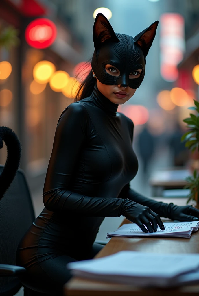 An Indian woman in dark black silky cat suit with a tail and working, a cat mask with sharp claws 