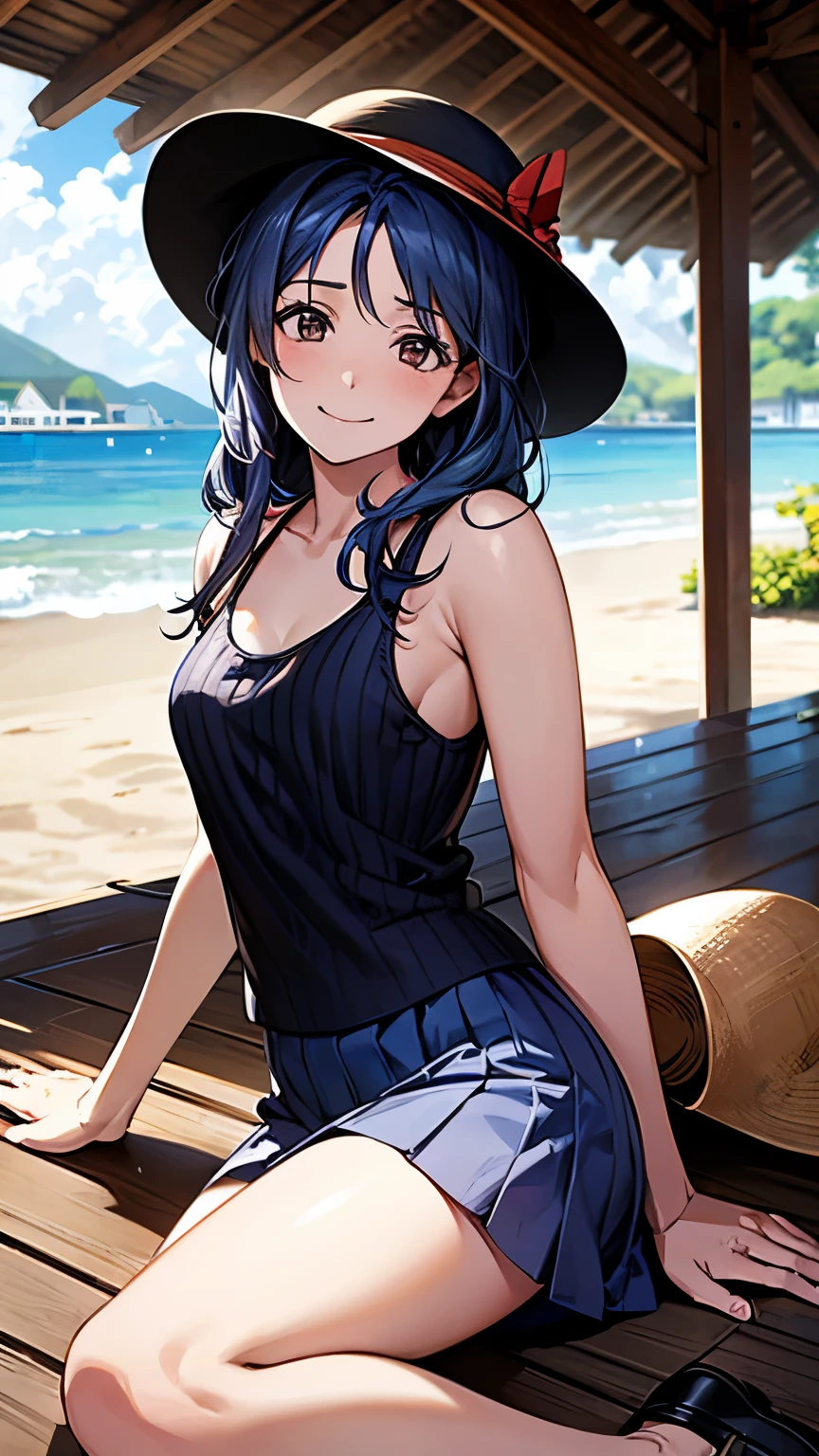 Sitting under the eaves of a seaside house, leaning back and kneeling. Front view, red underwear, straw hat, 40-year-old woman, wry smile, embarrassed. Narrow eyes, dark blue hair, white ribbed tank top, brown flared skirt, time passes peacefully.