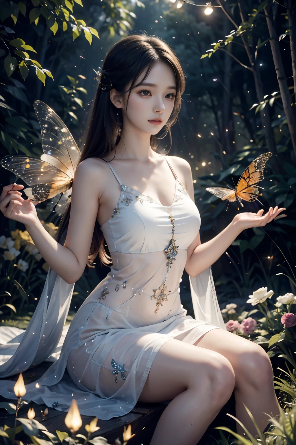 Beautiful fairy, surrounded by fireflies, ethereal and dreamy atmosphere
