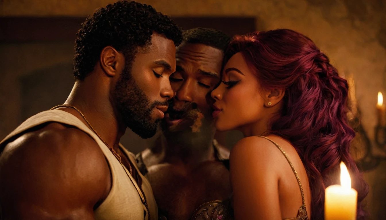 Caucasian Disney character Megara from Disney's "Hercules" and a handsome African American male whose facial features are a combo of Yahya Abdul-Mateen II + Jelani Alladin + Jason Derulo share a steamy kiss inside a bedroom lit only by candlelight. Megara has lovely makeup on her face. Nighttime. Romantic ambiance. Symmetrical eyes. Symmetrical faces. Lovely details. Photorealistic. Full-colored photo. Professional photo. Highly detailed 8K.